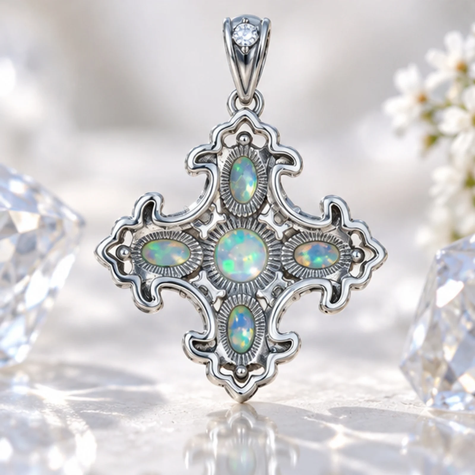 Natural Opal Cross 925 Sterling Silver Vintage Gothic Pendant Necklace October Gemstone Jewelry Iridescent Blue Green Opal Gift