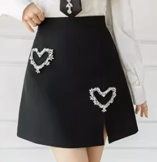 Heavy Industry Heart Shape Diamond A- Line Short Skirt Fashion Slimming Slit High Waist Black Skirt Women Autumn New Hip Skirts