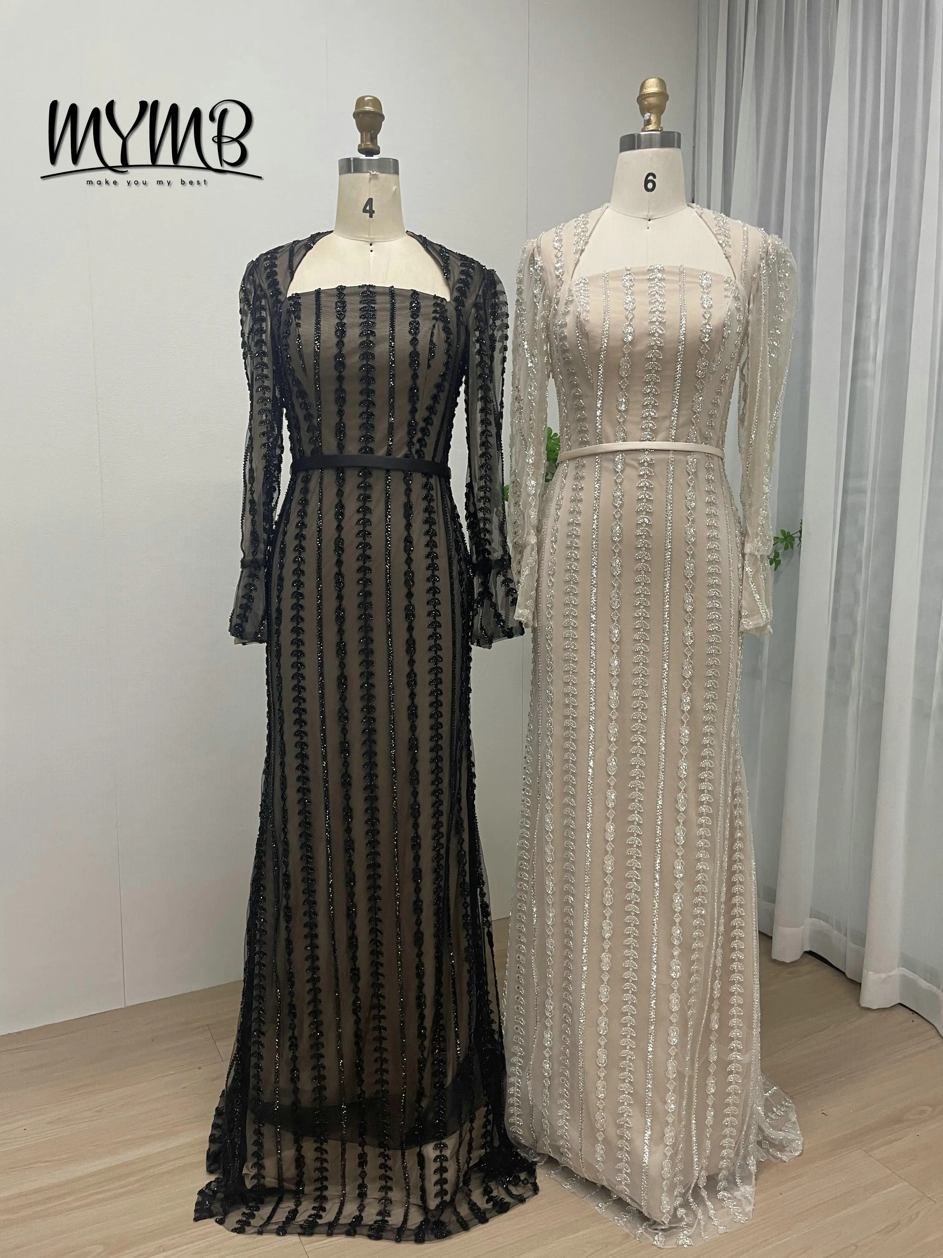 

MYMB Muslim Long Sleeves Elegant Mermaid Sequined Beaded Evening Dresses Square Neck for Women Party Wedding Guest Gowns MY30077