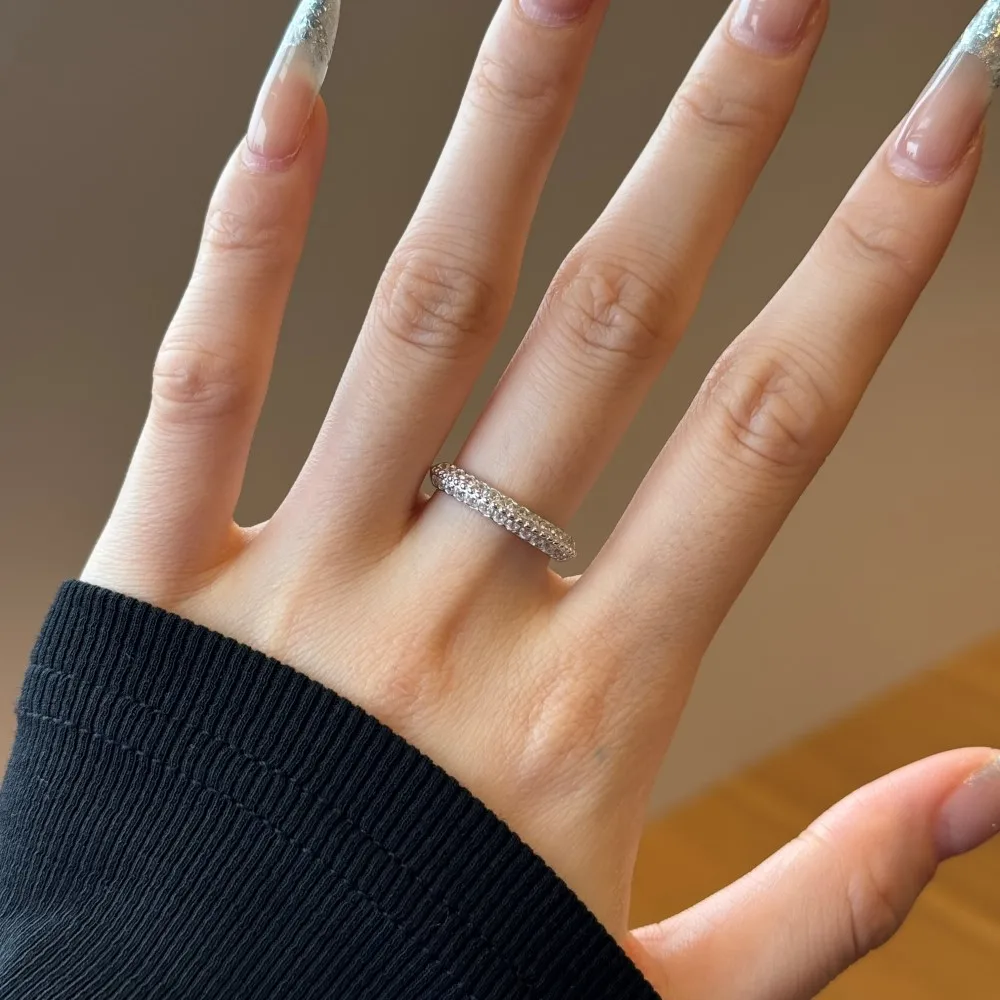 

New S925 Silver Ring Women's Fashion Light Luxury Half Circle Sparkling Exquisite Zircon Ring Silver Ring Women's
