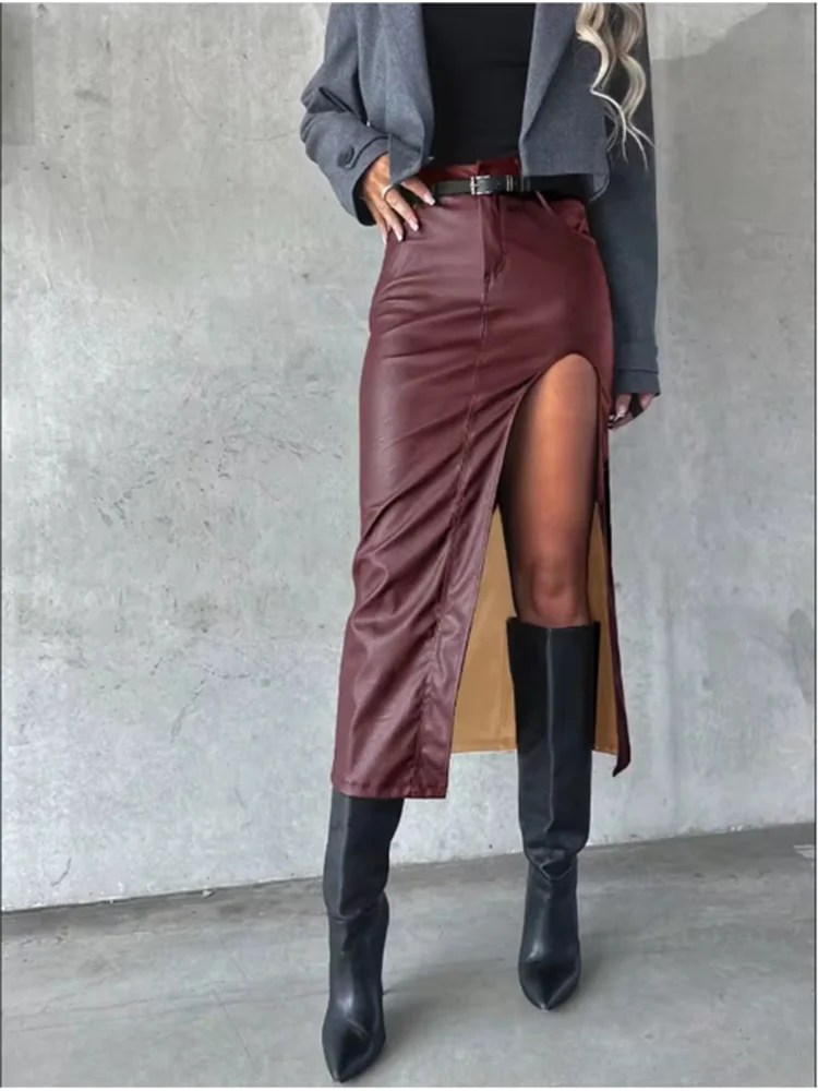 Women's Mid Pu Leather skirt solid Color slit sexy Hip Hugging skirt High Street Party Fashion Punk Style Autumn Skirt