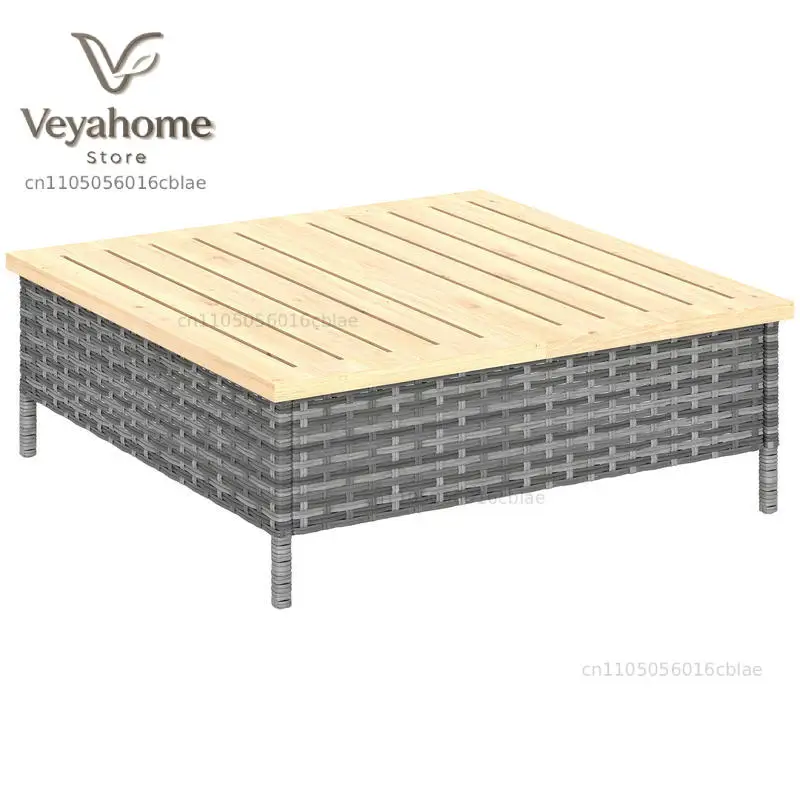 Outdoor Side Table with PE Rattan, Patio End Table with Natural Fir Wood Top, Weather Resistant Accent Table for Patio Pool P