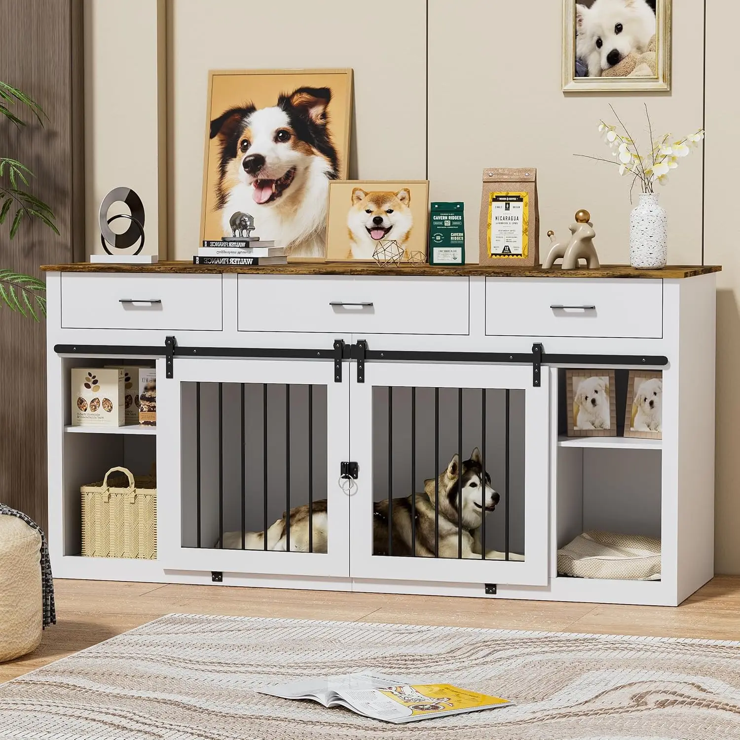 

PAKASEPT Large Dog Crate Furniture, 70.9" Wooden Dog Crate Kennel with 3 Drawers and Divider, Sliding Door Double Kennel, Indoor