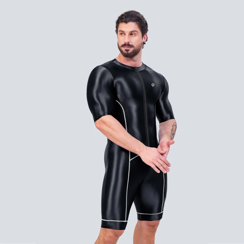 Japanese Swimsuit Man Sexy Satin Shiny Glossy Body Suit Cycling Smooth Tight Running Sports Fitness jumpsuits Swimming Pants