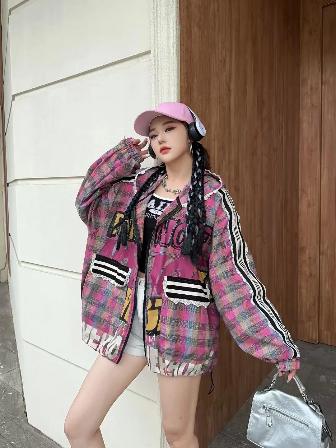 Cartoon Plaid Hooded Jacket Women 2025 Autumn New Loose Mid-Length Color Block Sun Protection Jacket Women's Fashion Hoodies
