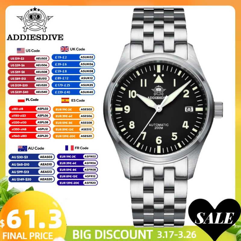 ADDIESDIVE Men's watch Explore Sapphire Automatic NH35 Stainless Steel 39mm Dress watch Leather Luminous 200m Diving Watch New