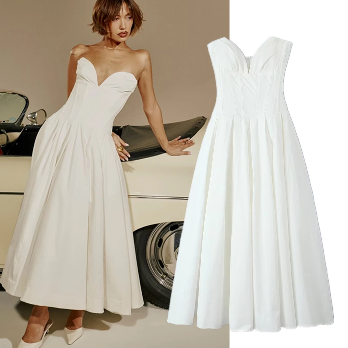 

Dave&Di French Retro Strapless Long Dress White Elegant Cotton Vacation Dress Women Maxi Dress Vestidos