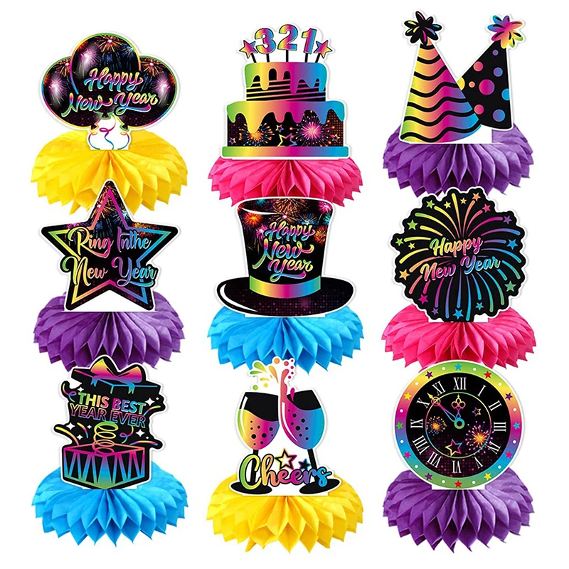 New Year Honeycomb Centerpieces Decorations - Pack Of 9 | Happy New Year Theme Table Toppers, Happy New Years Decorations