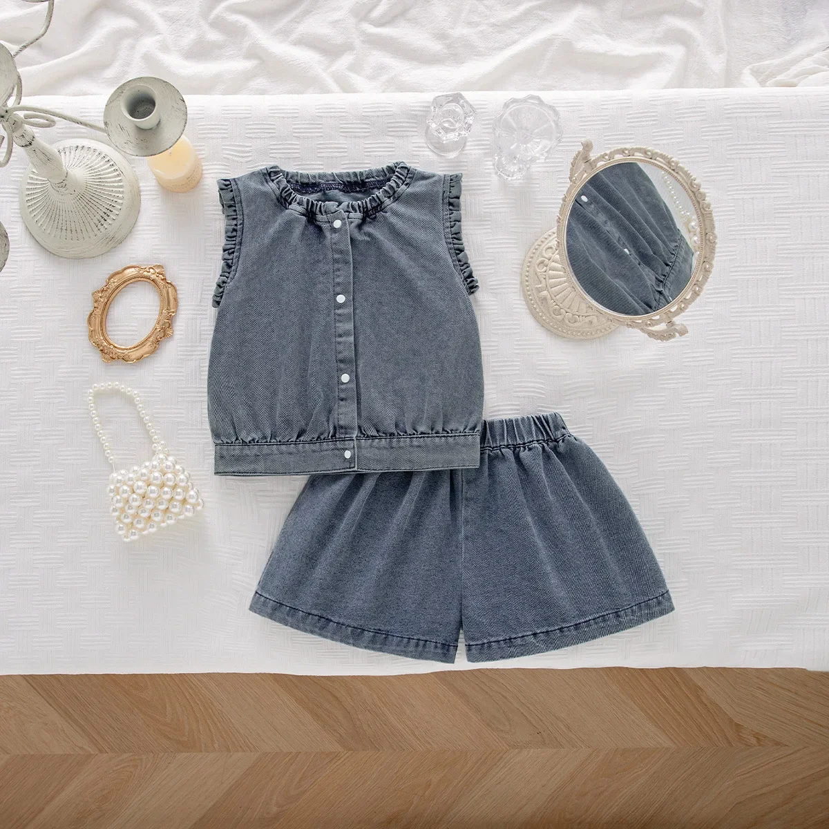 Toddler Girls Washed Denim 2Pcs Set Ruffle Sleeveless Button Crop Top Elastic Waist Shorts Soft Breathable Summer Daily Outfit