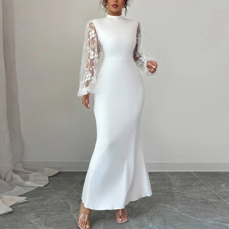 크리스마일 여성용 우아한 이브닝 하이넥 드레스 2026 바디콘 화이트 가운 시어 메쉬 소매 포멀 파티 섹시 시크 맥시 드레스