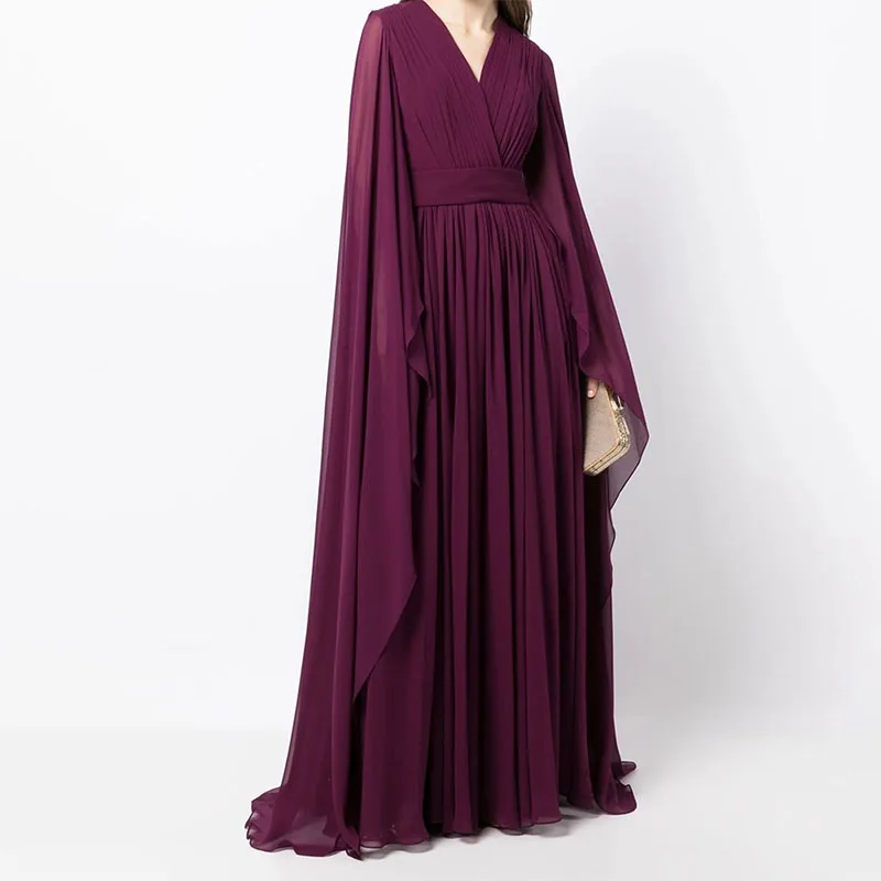 

Elegant Burgundy V-Neck Formal Evening Dress Cape Sleeves Floor-Length Prom Gowns Women Party Dresses A-line Wedding Guest Dress