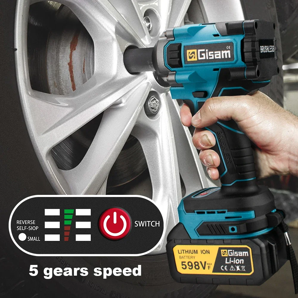 Gisam 토크 브러시리스 전기 임팩트 렌치, 1/2 인치 무선 렌치, 스크루 드라이버 전동 공구, Makita 18V 배터리용, 1000N.M