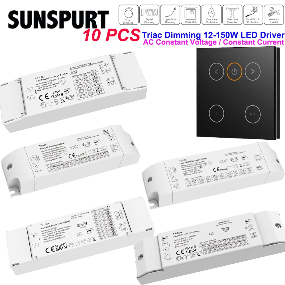 Controlador LED Skydance de 150W 12V o 150W 24V CV con atenuación Triac, compatible con atenuadores Triac de borde ascendente/descendente y sistemas de atenuación.