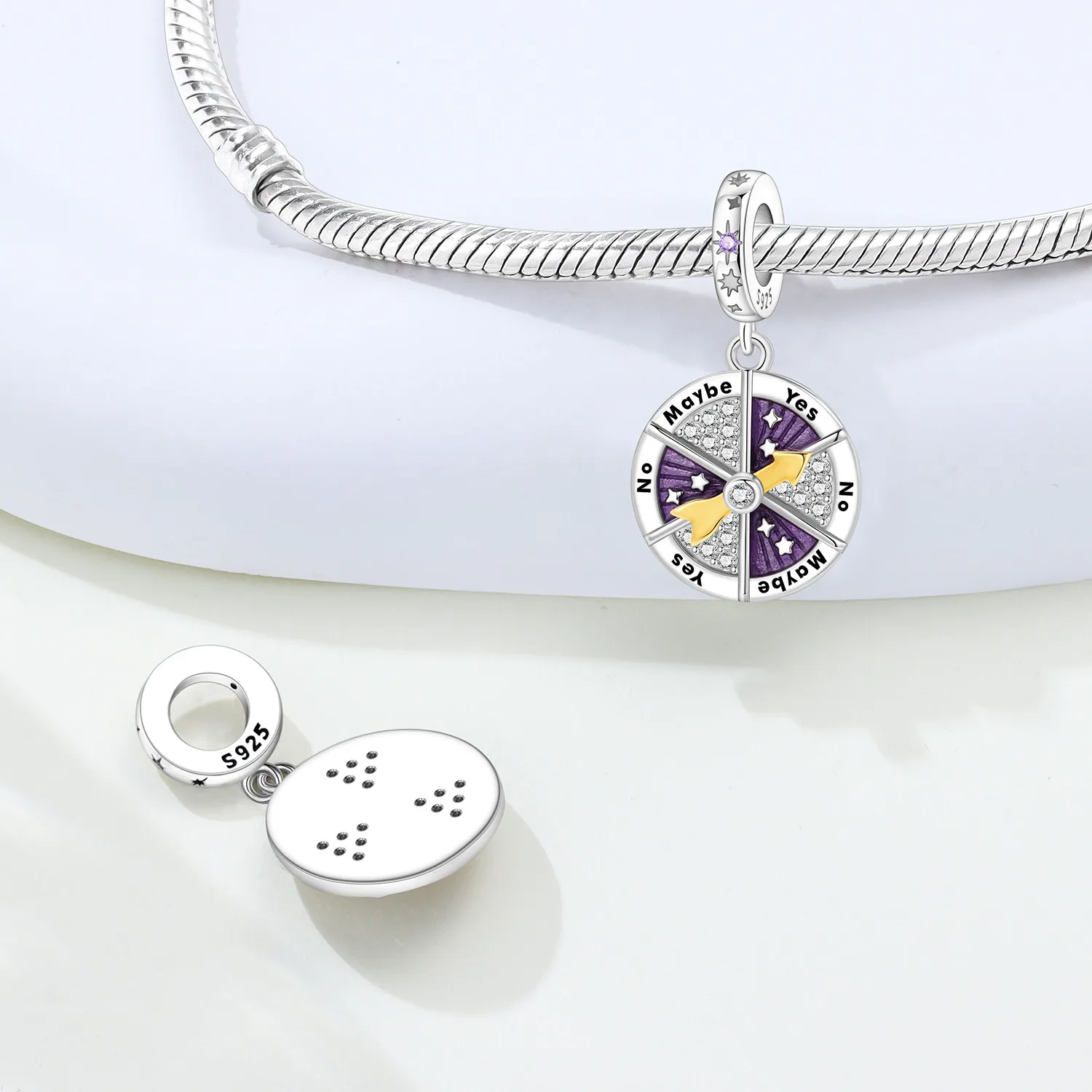 925 Sterling Silver Rotatable Yes No Maybe Decision Spinner Charm Purple Cubic Zirconia Bead Fit DIY Bracelets Jewelry Gift