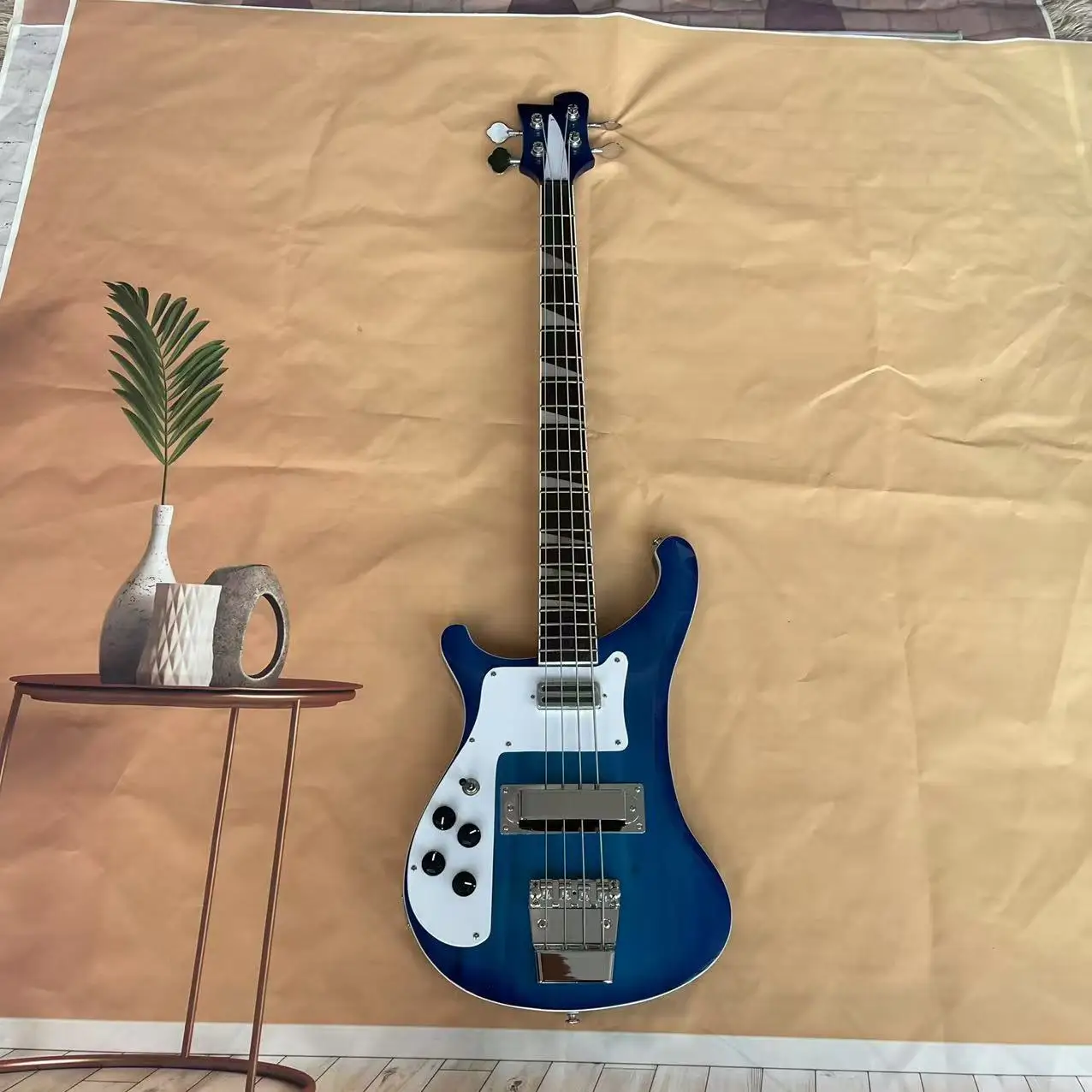 Transparent blue left-handed 4-cord electric bass, real shipping picture, in stock