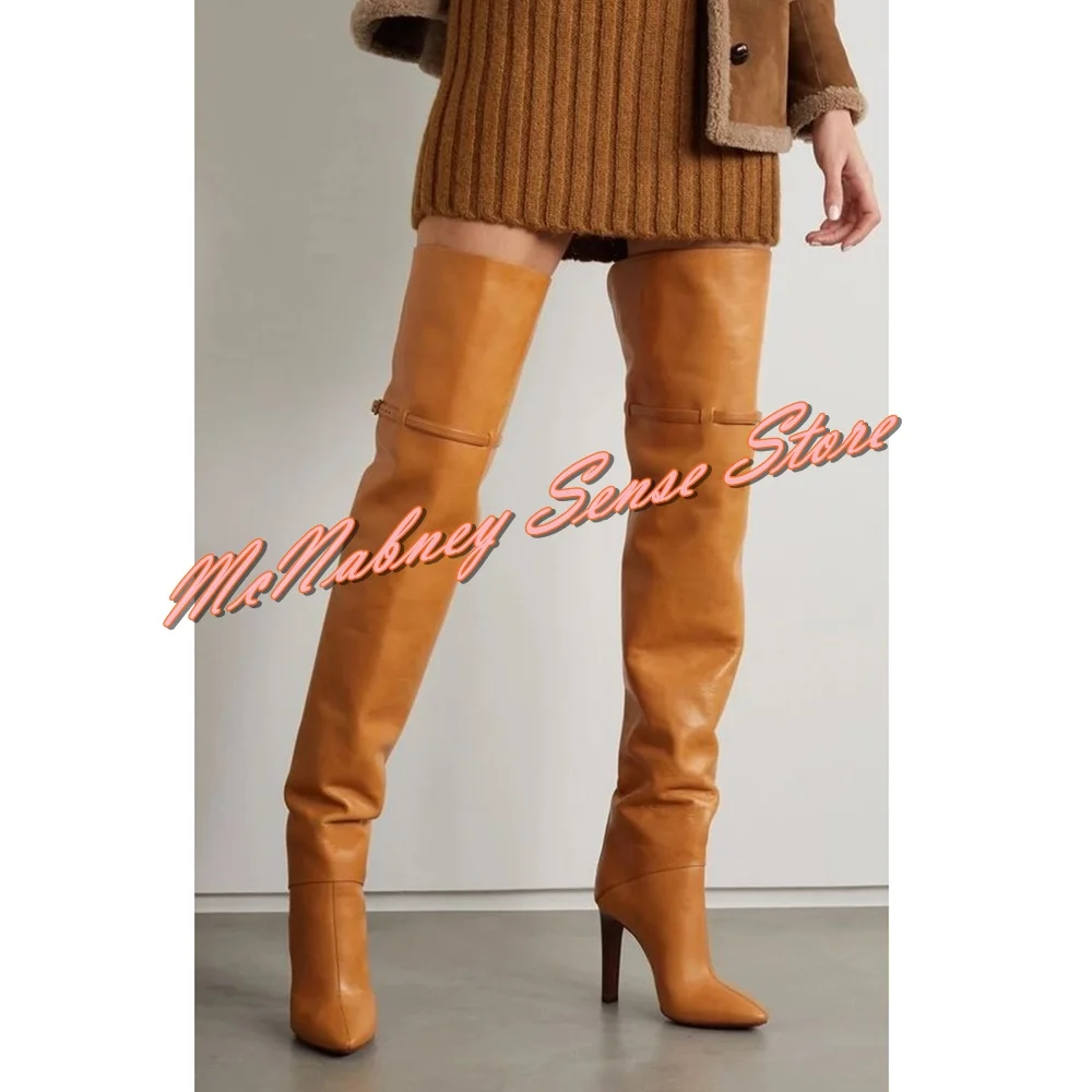 

Brown Leather Thigh High Boots Pointed Toe Solid Chunky High Heels Back Zipper Straps Women Boots Sexy Winter New Party Shoes