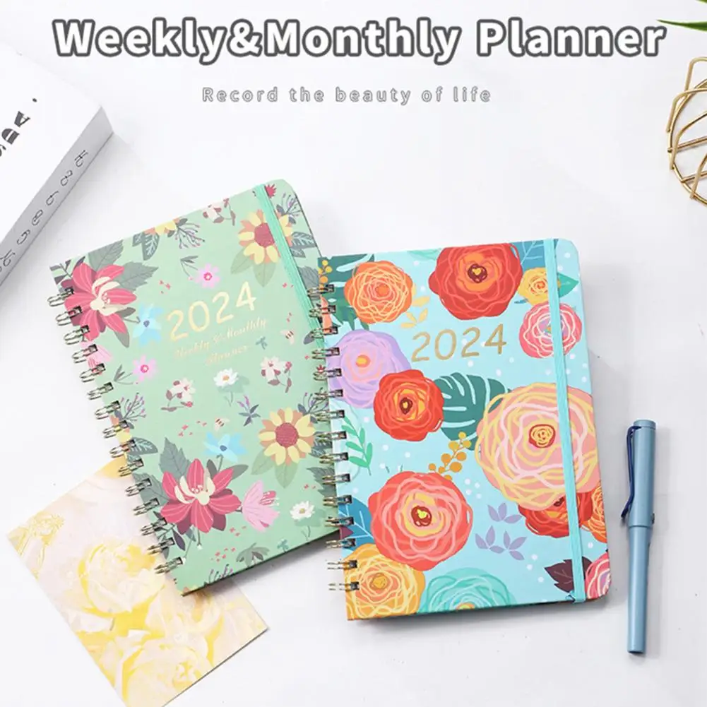 Floral Print Monthly Planner Coil Design Planner Floral Print 2024 Monthly Planner Exquisite Coil Design Schedule Book for Home