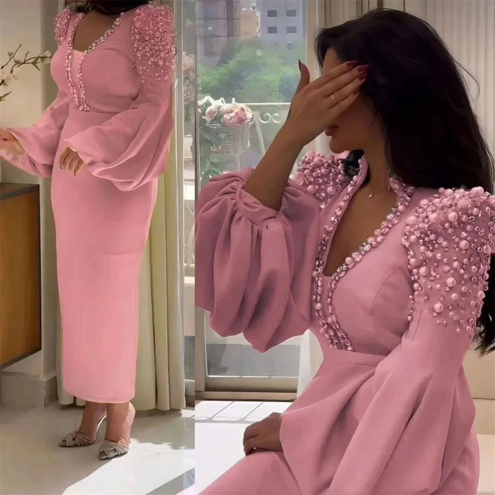 Elegant Straight Prom Dress Ankle-Length Satin Formal Party Gown Pearls Crystals Beaded Long Sleeves Evening Dress Customized