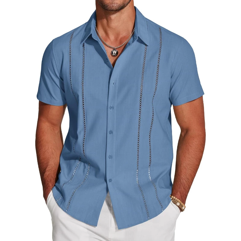 

Mens Cuban Guayabera Shirt Short Sleeve Button Down Shirts Casual Summer Beach Linen Shirts
