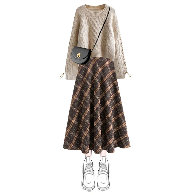 Autumn Faion Doll Collar Knitted Sweater Coat And Plaid  Skirt Two-Piece Women's Clothing Set High Waist Design Long Sl...