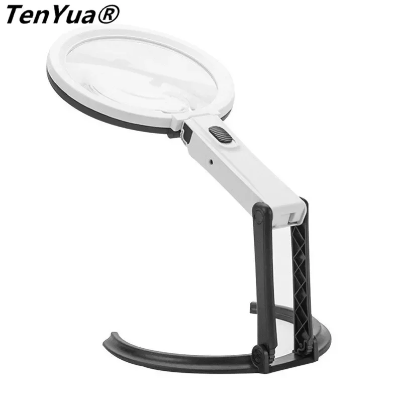 TenYua Portable 10 LED Light Magnifier Magnifying Glass with Light Lens Table Desk-type Lamp 2x 5x Handheld Foldable Loupe