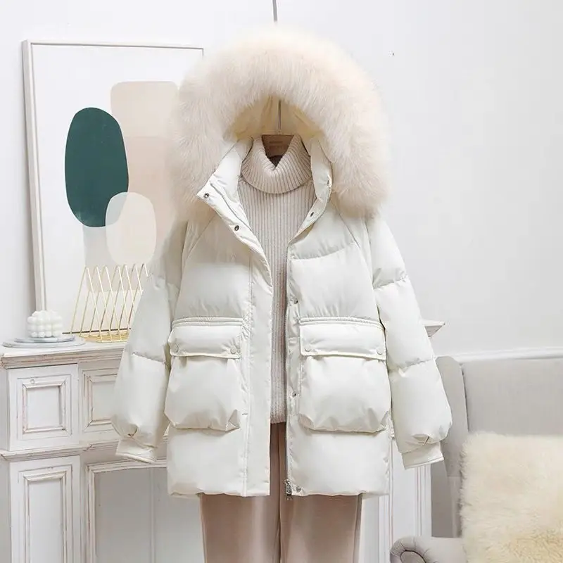 White Down Cotton-Padded Jackets Womens New Winter Korean Loose Mid-Length Parkas Genuine Sequined Fur Collar Students Coats