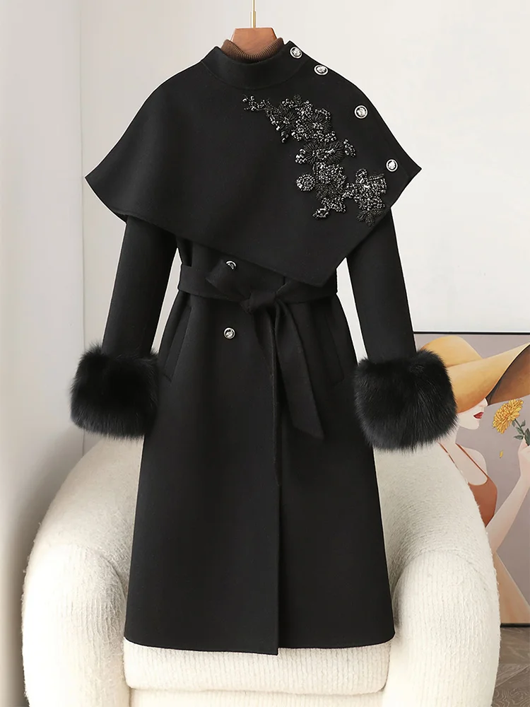 جديد شتاء دافئ النساء السيدات الطبيعية ريال فوكس الفراء معطف Oearl زهرة طويلة الكشمير الصوف سترة صوفية ملابس خارجية رائجة البيع