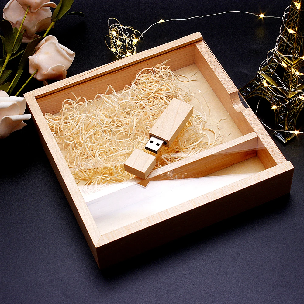 Fotografia Gift Box Pen Drive Casamento De Madeira Personalizado USB Flash Drives Real Capacidade Memory Stick 64GB/32GB/16GB/8GB/4GB U Disk