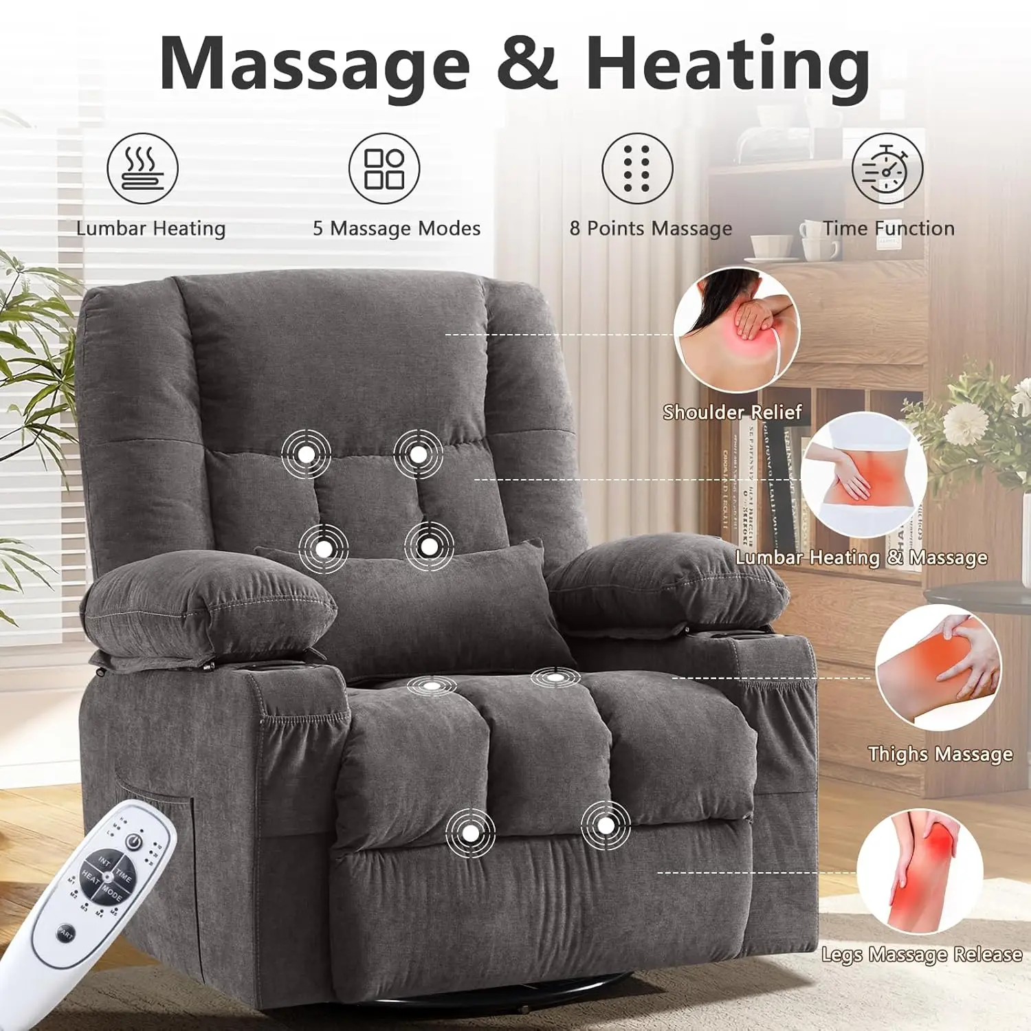 Swivel Rocker Recliner Chair with Massage Heating USB   Port Cup Holders Side Pocket for Living Room