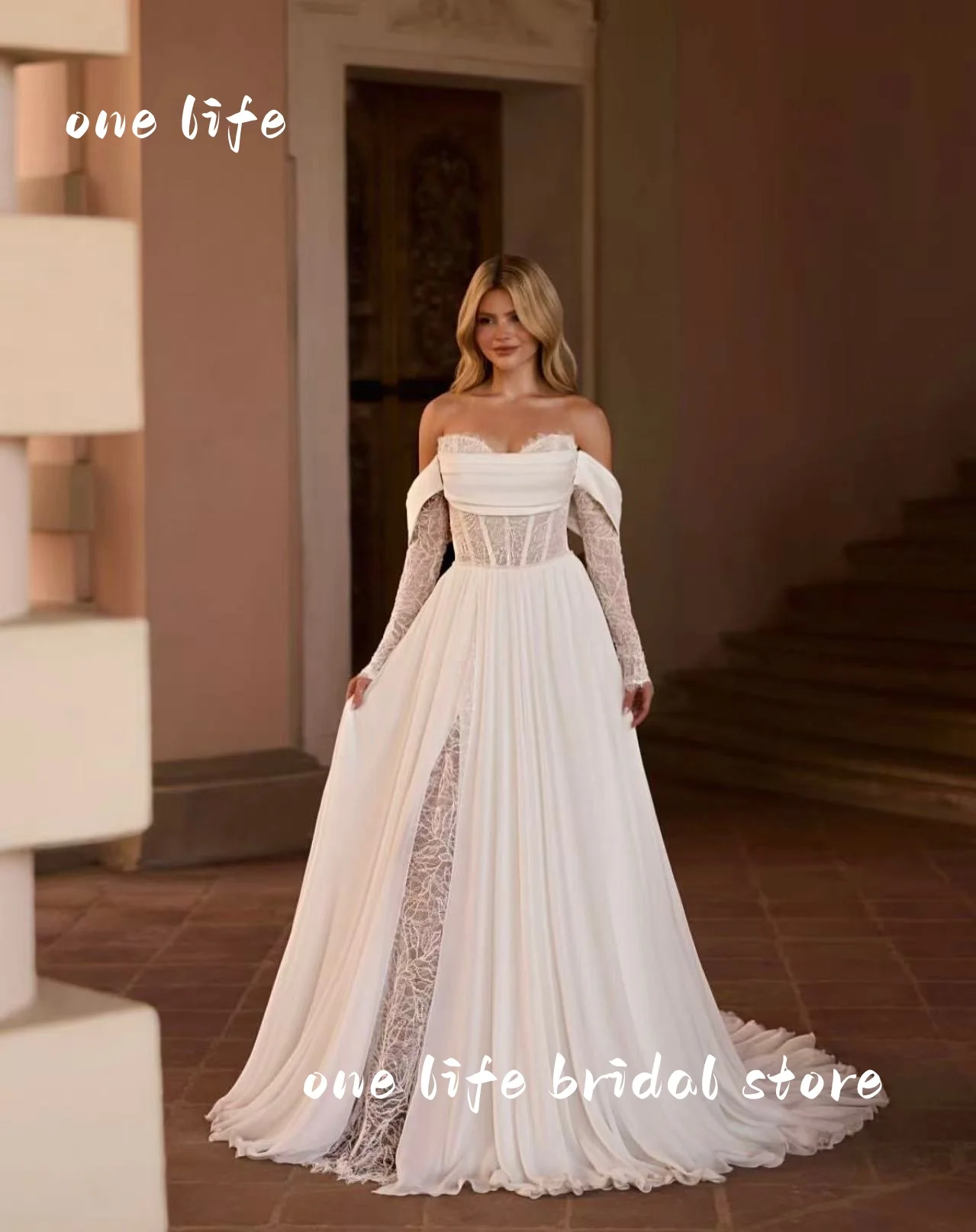 맞춤형 스트랩리스 코르셋 디자인 3/4 레이스 소매 웨딩 드레스 A라인 앞트임 레이스업 브라이덜 가운 웨딩드레스