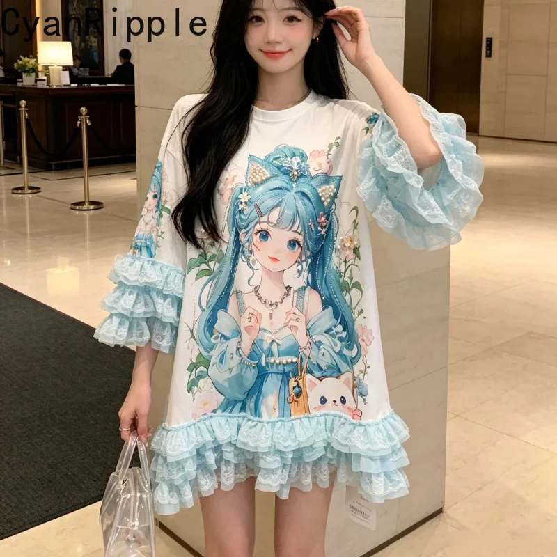 

Sweet Princess Printed Summer Mid-long Women T-shirt 2026 New Cartoon Beading Elegant Lace Short Sleeve Oversize Pullover Tops