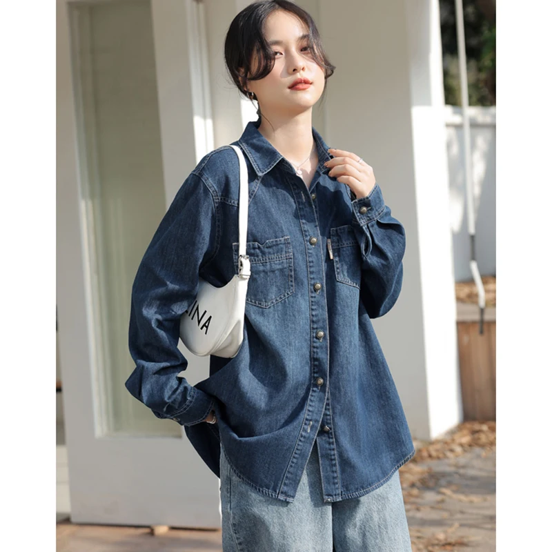 Gidyq-Chemises en denim à manches longues pour femmes, streetwear, mode coréenne, chemisier femme adt, printemps décontracté, tout match, bouton en métal