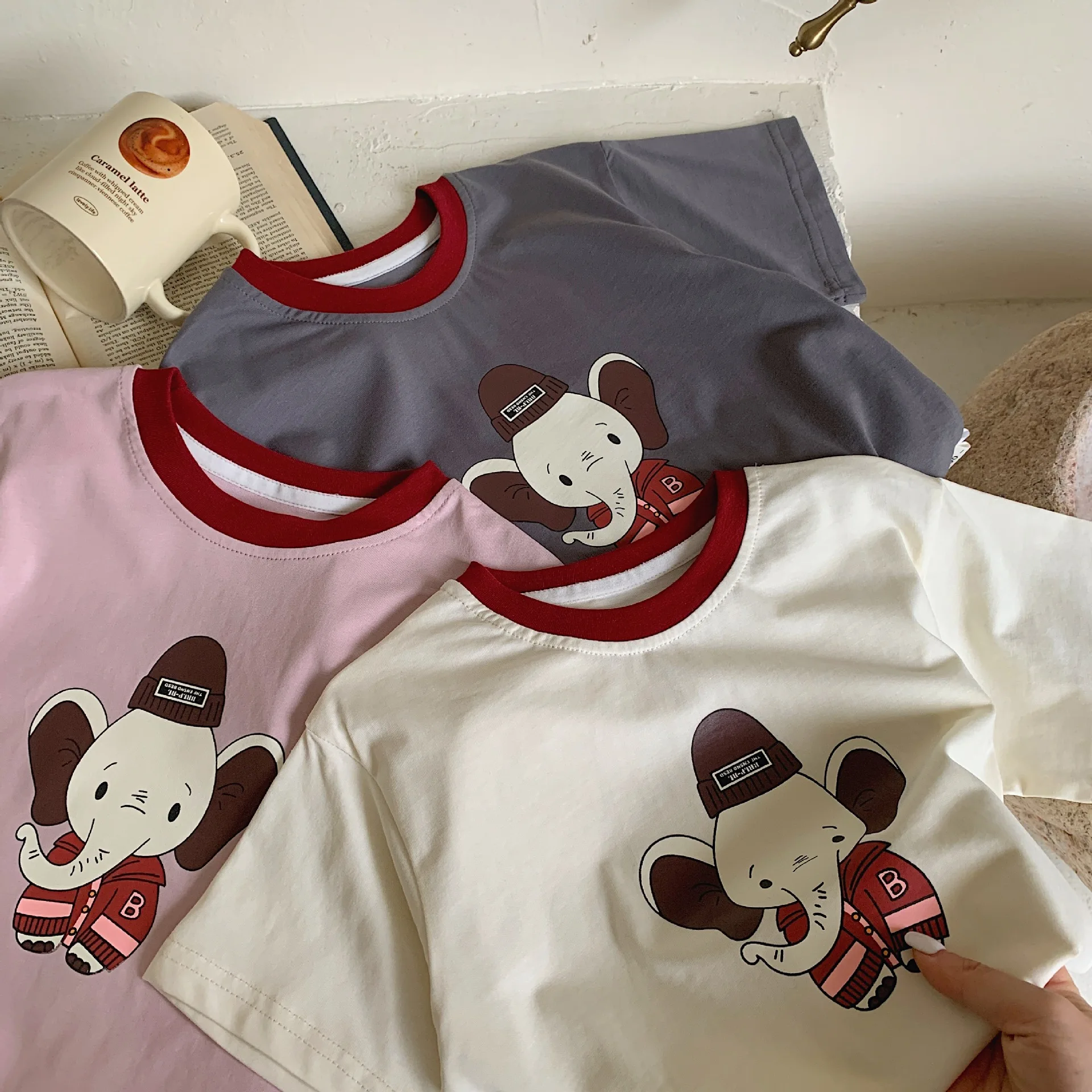 Children's T-shirt 2024 Summer Boys' Color Effect Collar Short Sleeve  Children's Clothing Cartoon Elephant Short T Trendy G0098