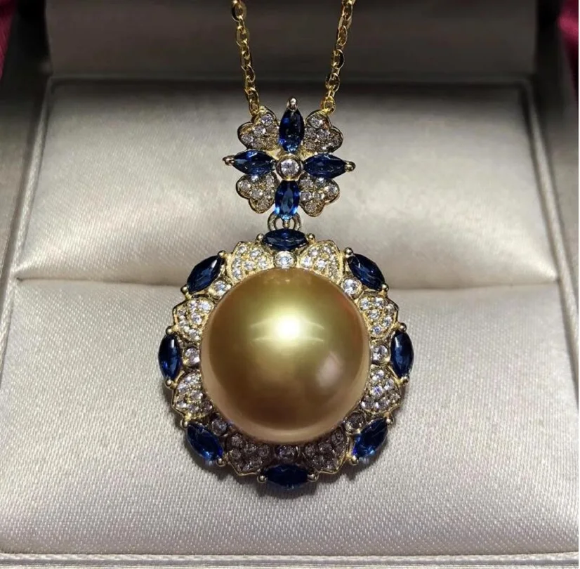 

Large AAAA 11-12mm Natural Round South China Sea Gold Pearl Pendant Necklace 925s