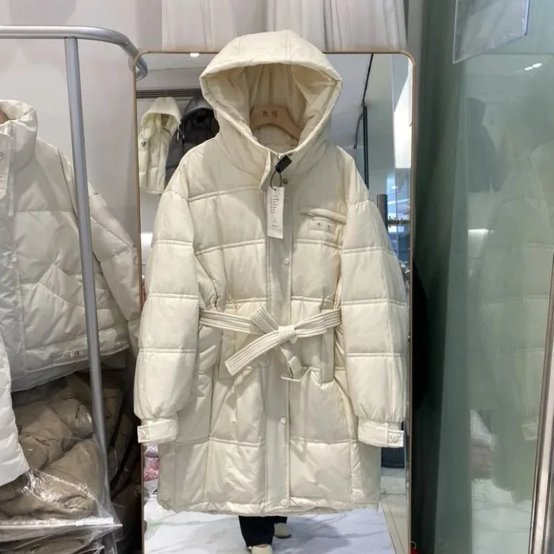 Medium Long Belt Waist Upper Chest Horizontal Pocket Zipper Winterwomen's Korean Version Hooded Thickened White Duck Down Jacket