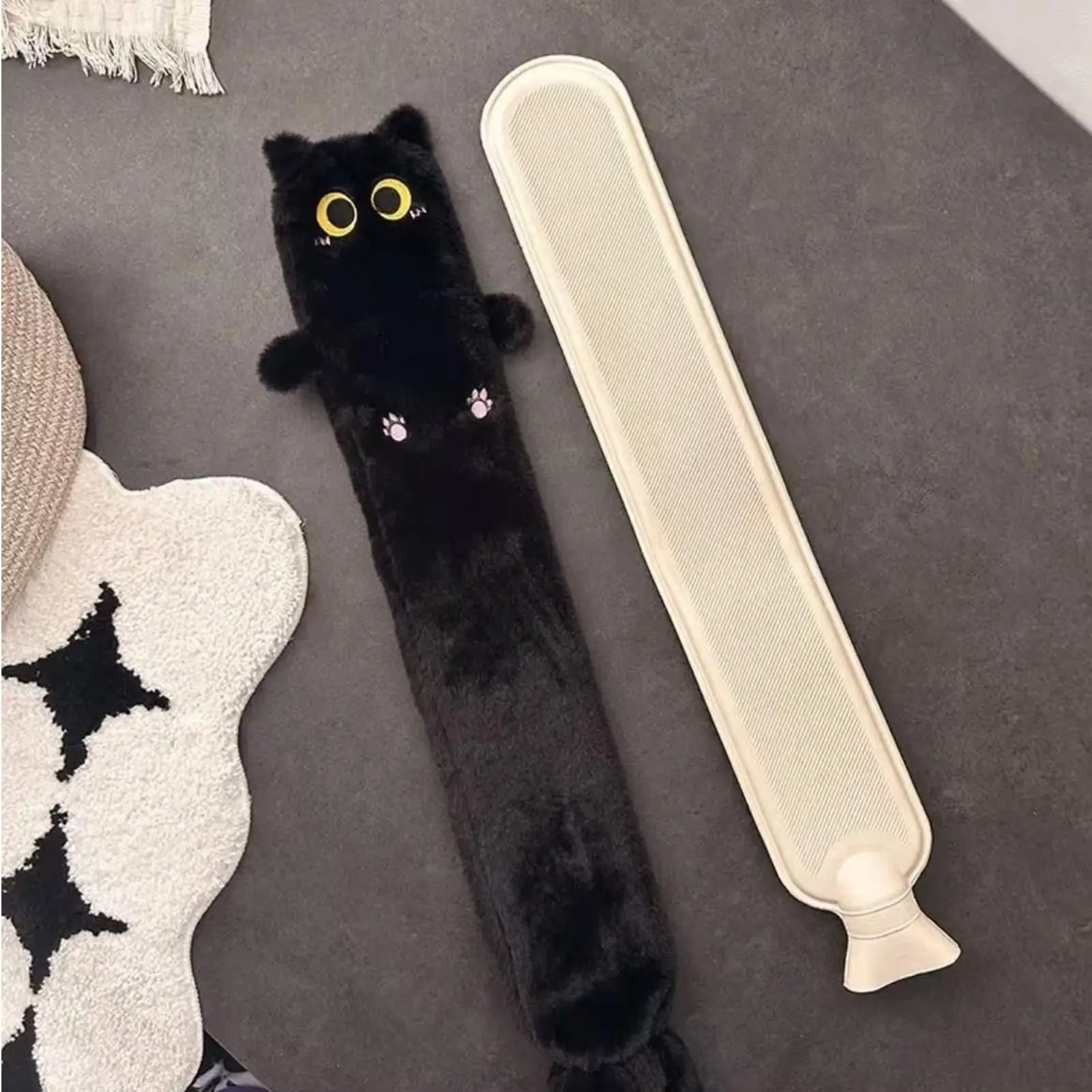 

75cm Long Hot Water Bottles Bag Black White Cat shape Hot Water Bottle Hand Warmer for Girls Portable Waist Hand Bed
