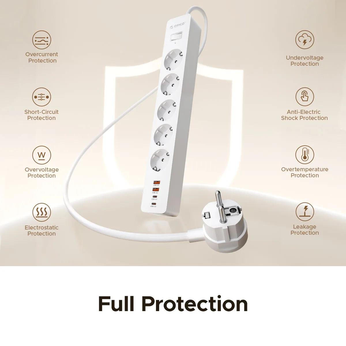 ORICO EU PD 20W Szybka Ładowarka Ścienna z Listwą Zasilającą, Wielogniazdkowa, Port USB Typu C, Port USB A, Przedłużacz Elektryczny 3M do Domu — zdjęcie produktu 6