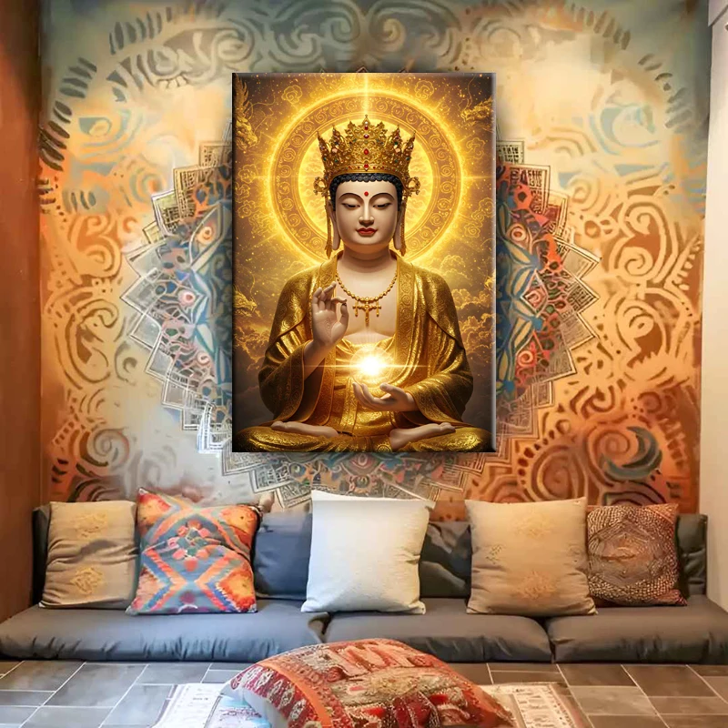 Golden Buddha Canvas Art Print with Frame – Spiritual Wall Poster for Room, Meditation Space & Home Decoration Religious Art