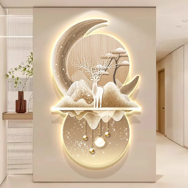 Corridor with LED lights, hanging paintings, entering the house, facing the door, light luxury entrance decoration