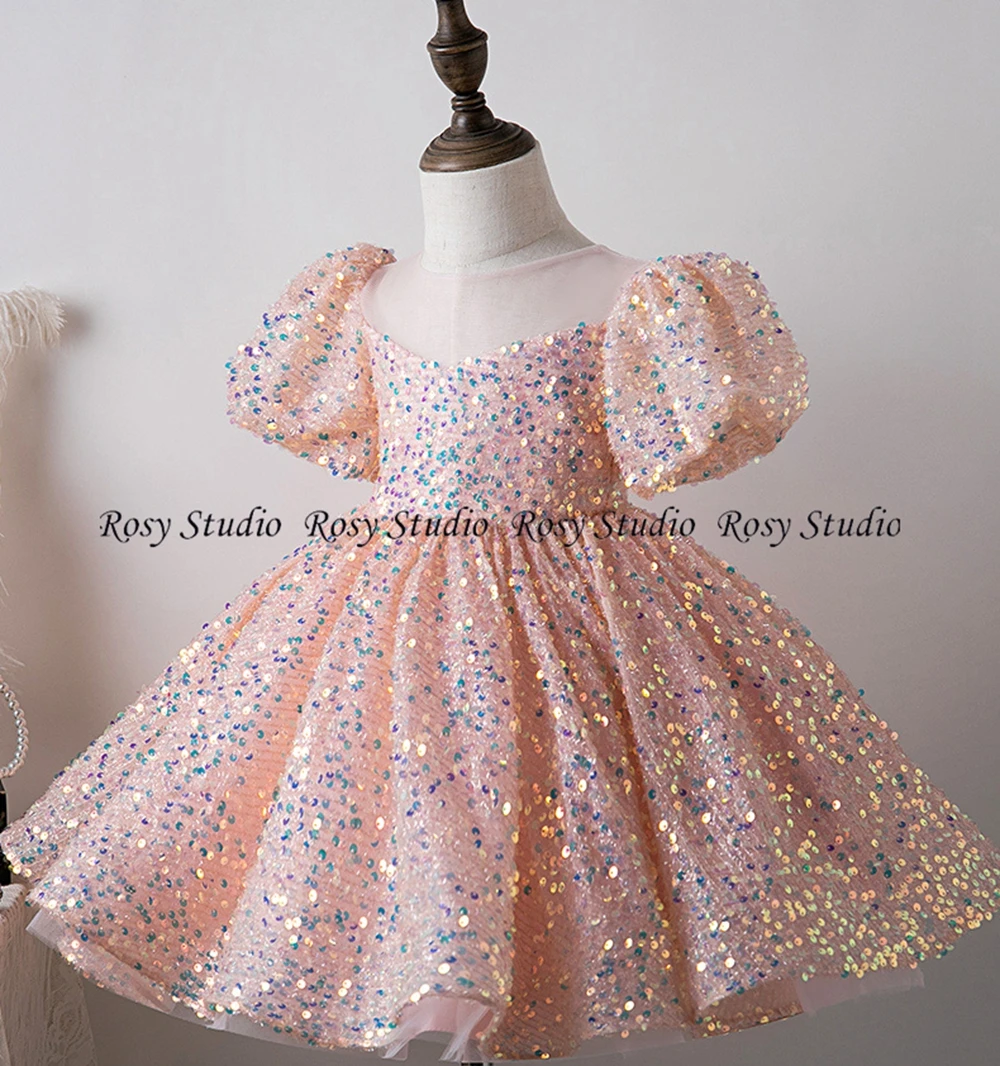 Vestidos de flores rosas brillantes para niñas, cuello redondo, manga corta, vestidos de baile, línea A, Vestido corto para niños, fiesta de cumpleaños