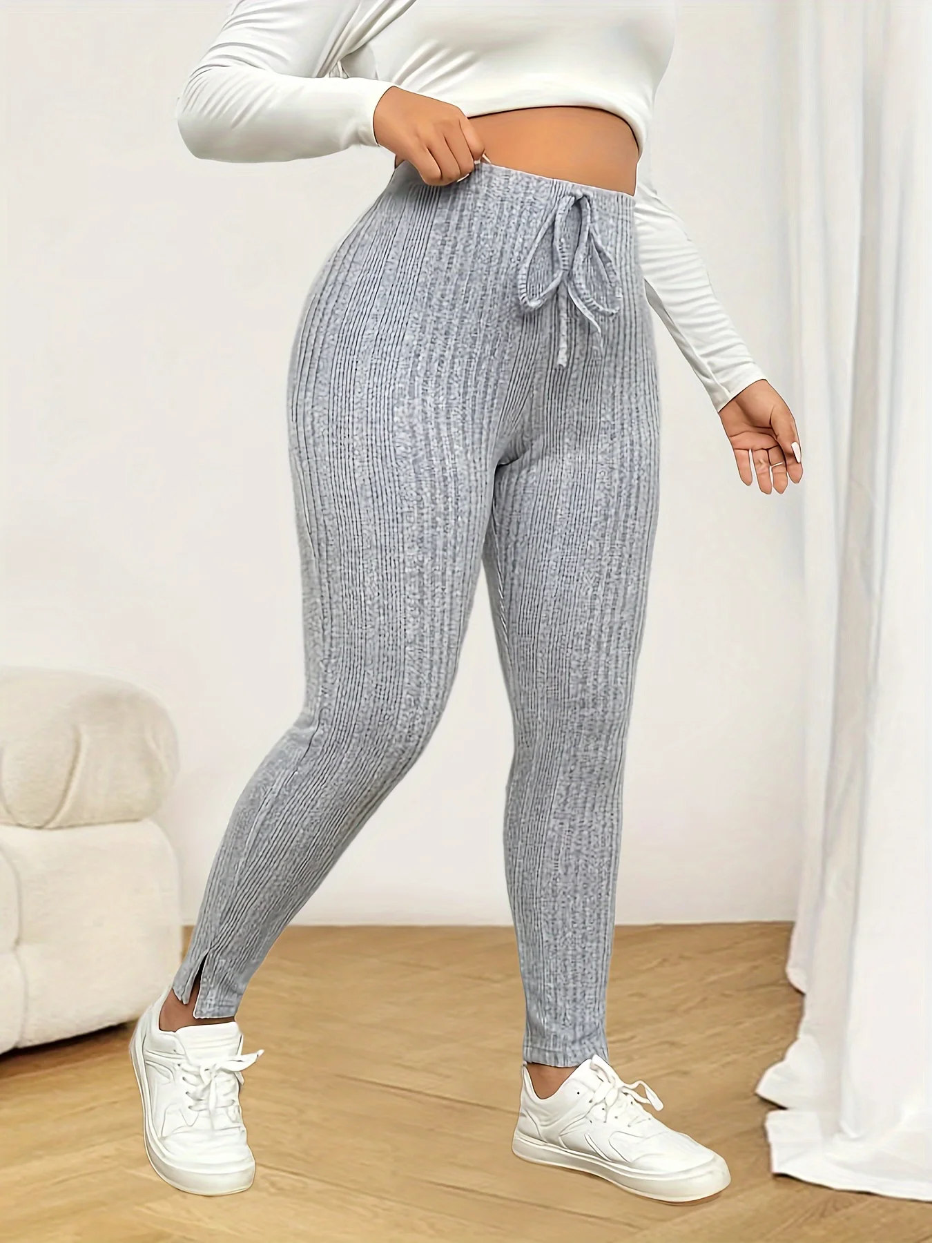 

Plus Size 1XL-5XL Fashionable Women's Solid Color Casual Lace Up Pants Women's Casual Cropped Pants
