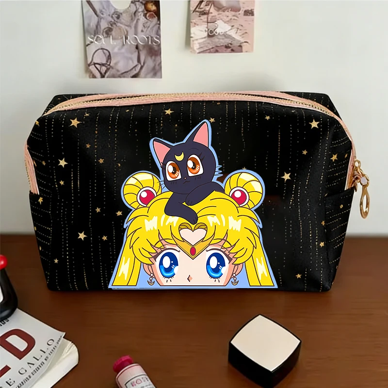 Bolsa de cosméticos kawaii sailor moon, bolsa de maquiagem com estampa de desenho animado para mulheres, bolsa portátil para viagem, pequena bolsa de armazenamento de maquiagem e beleza