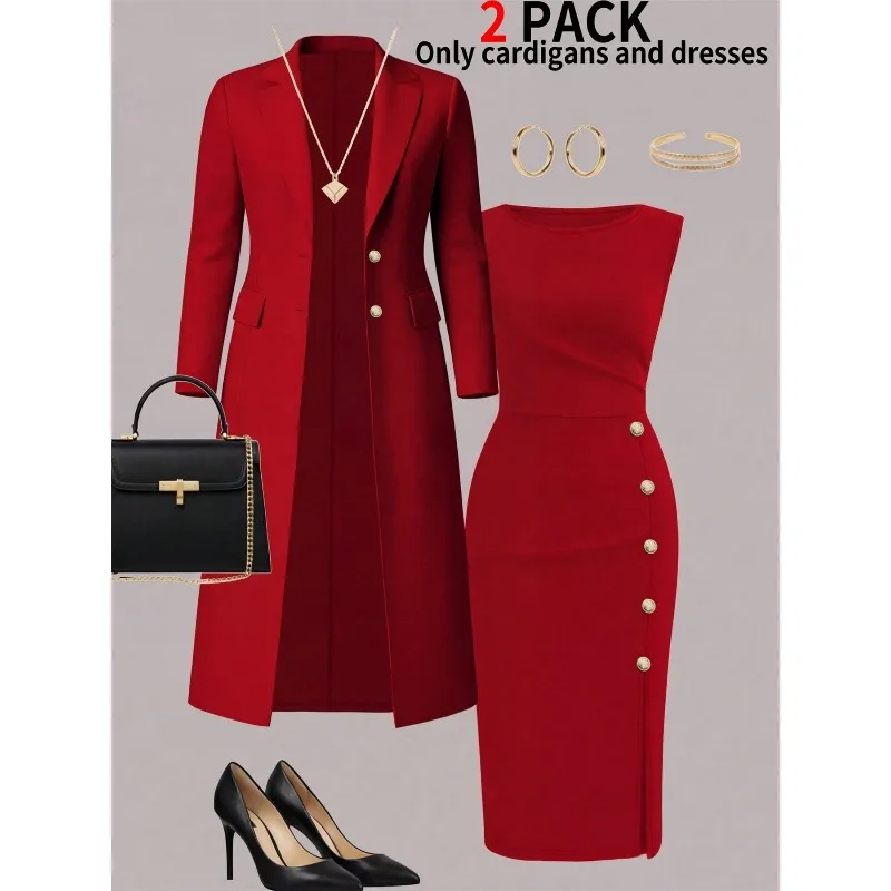 A New Autumn and Winter Fashion Set for Women Featuring A Long Suit Jacket Paired with Sleeveless Dress From Europe and America