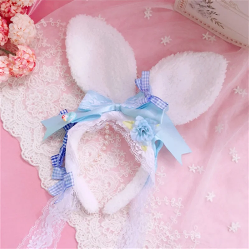 Sweet Headwear Japanese Kawaii Girls Bowknot Plush Rabbit Ears Headband Cosplay Hair Band Lolita Handmade Hair Accessories Gifts