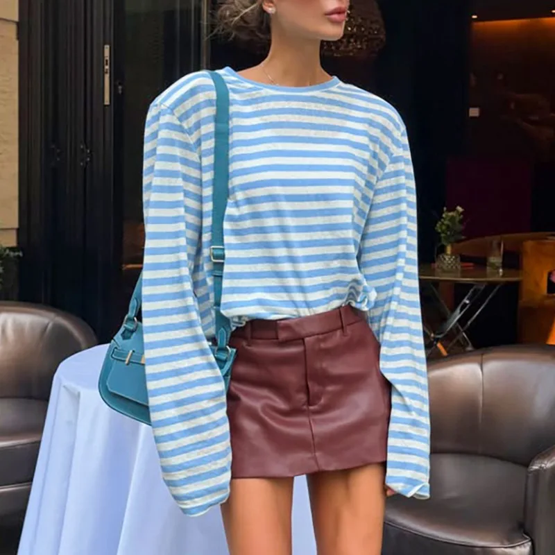 Women Striped Long Sleeve Shirt Loose Fit Round Neck Thin Casual Design Top 2026 New Trendy Streetwear Minimalist Basic Modern