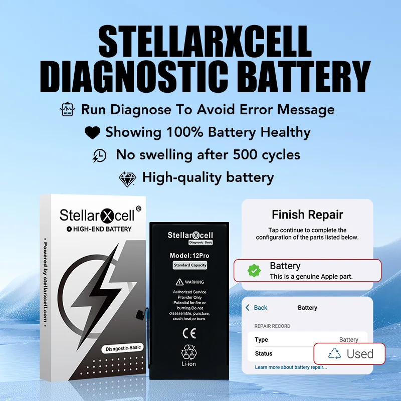 

Диагностический инструмент StellarXcell для проверки батареи iPhone 12, 13, 14, 15 mini, Plus, Pro, Pro Max: отображает сообщение о подлинности и отсутствии ошибок, с бесплатным инструментом.