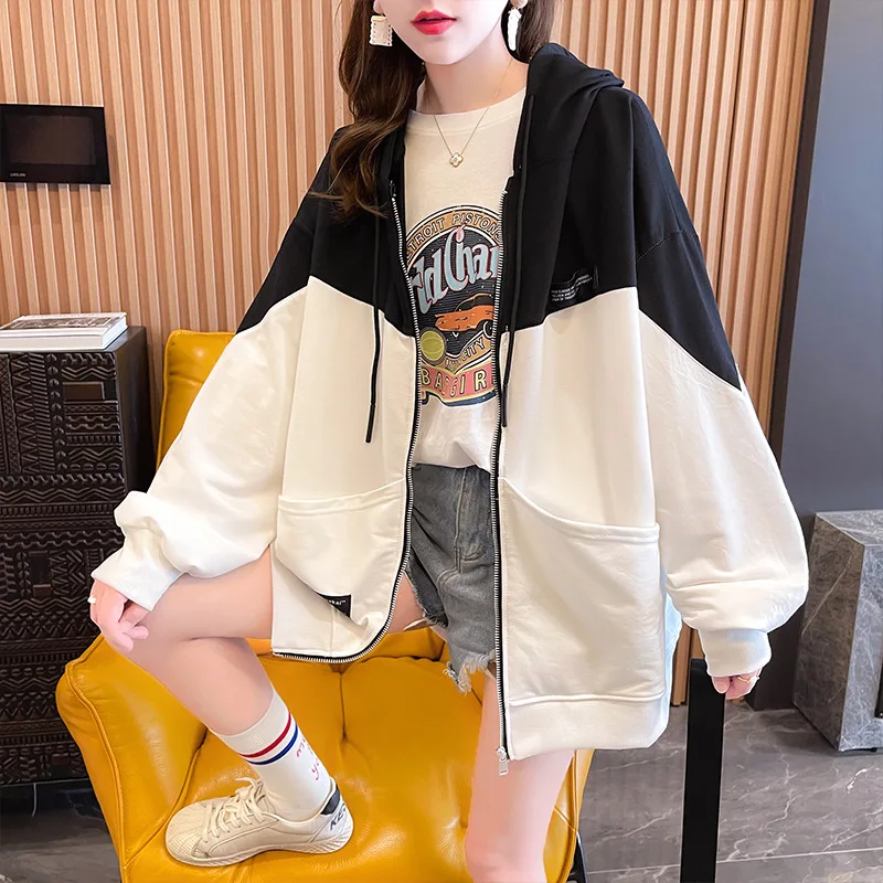 Women Harajuku Streetwear Casual Long Sleeve Korean Fleece Contrast Color Oversize Female Hooded Sweatshirts Zipper Hoodie Coats