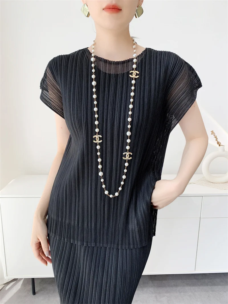 Miyake Pleated Women's Casual Solid Color Mesh Double Layer Round Neck Short-sleeved T-shirt Top