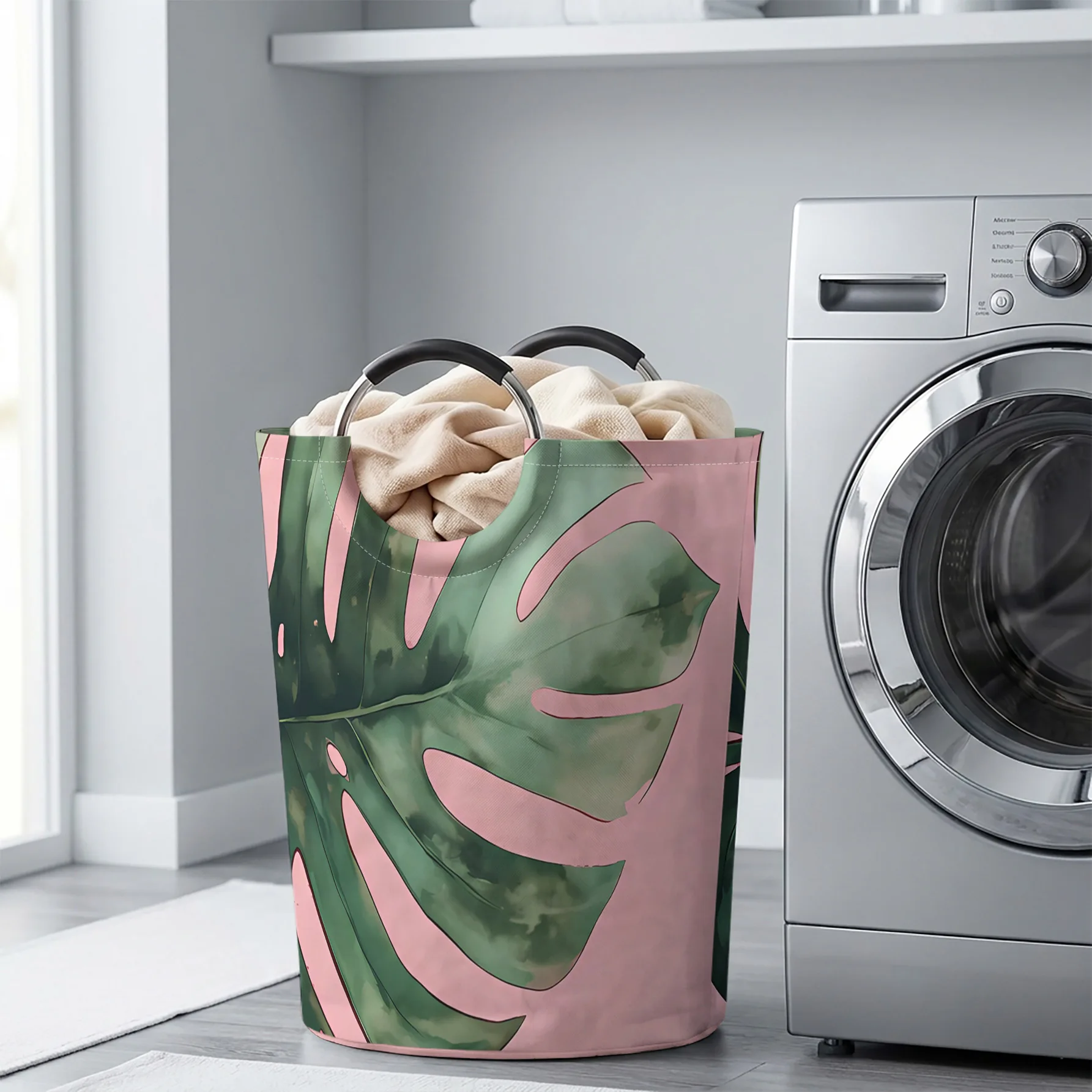 Pink Background Monstera Leaf All‑Over Print Handheld Storage Basket, For Laundry, Bedroom & Home Sundries Storage