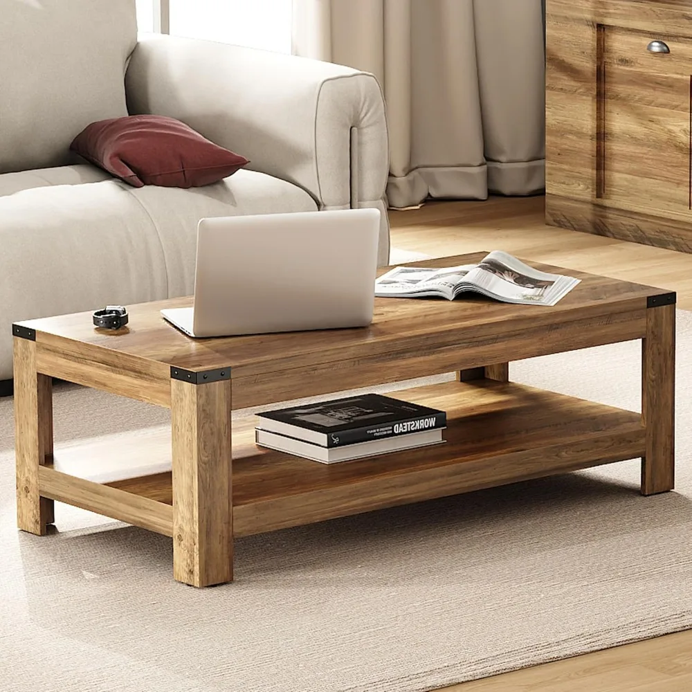 

Farmhouse Coffee Table, 47.2 Modern Rustic Wooden Center Table with Storage, Rectangle Living Room Tables, 2-Tier Industrial